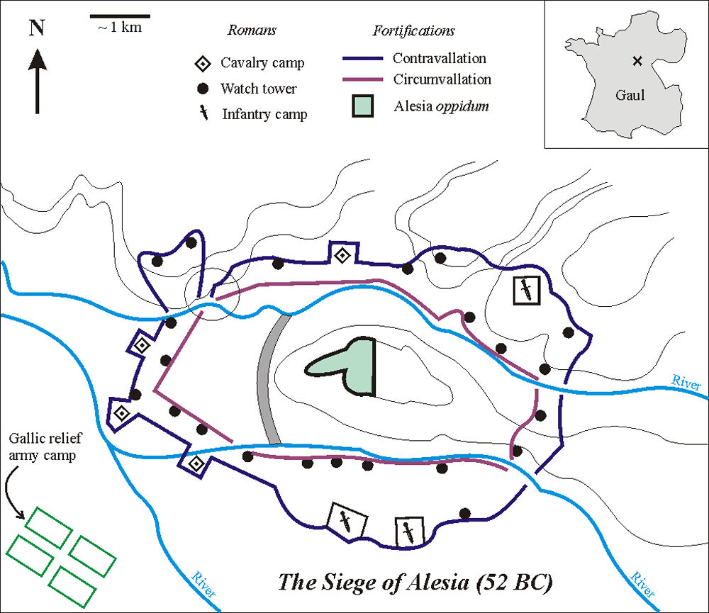 A map showing the Roman fortifications of Alesia