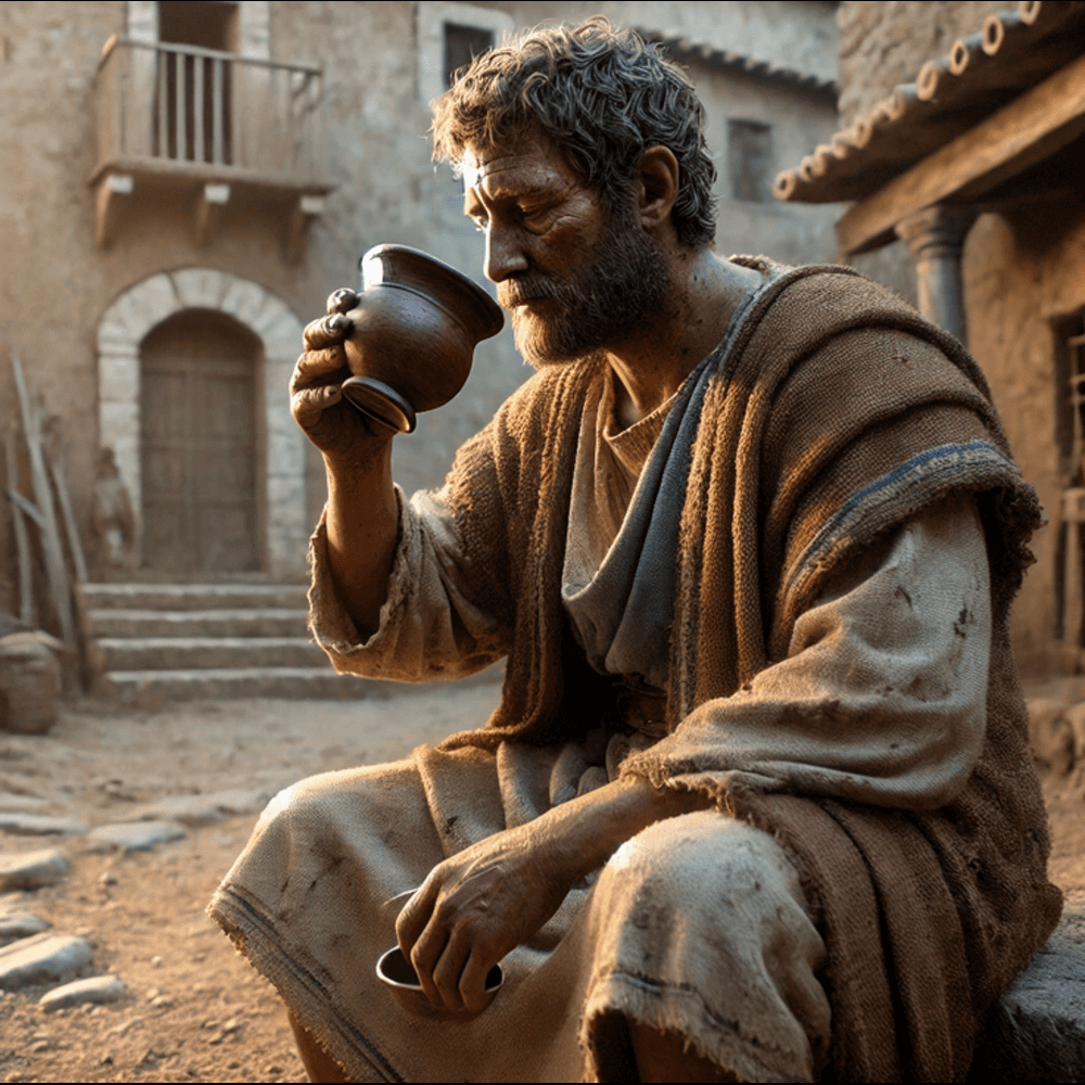 A poor Roman man drinking posca