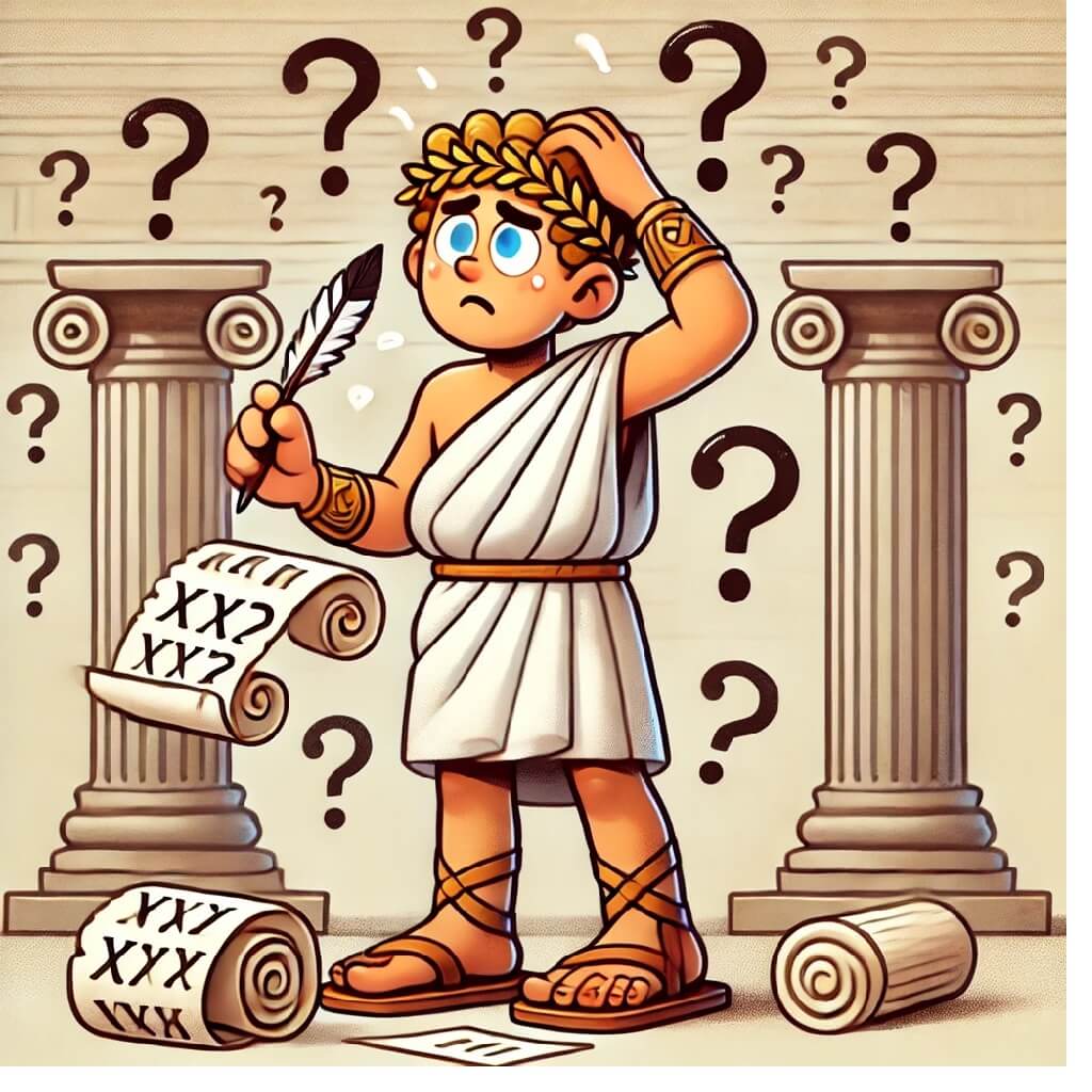 A cartoon image of a Roman boy struggling with counting and math