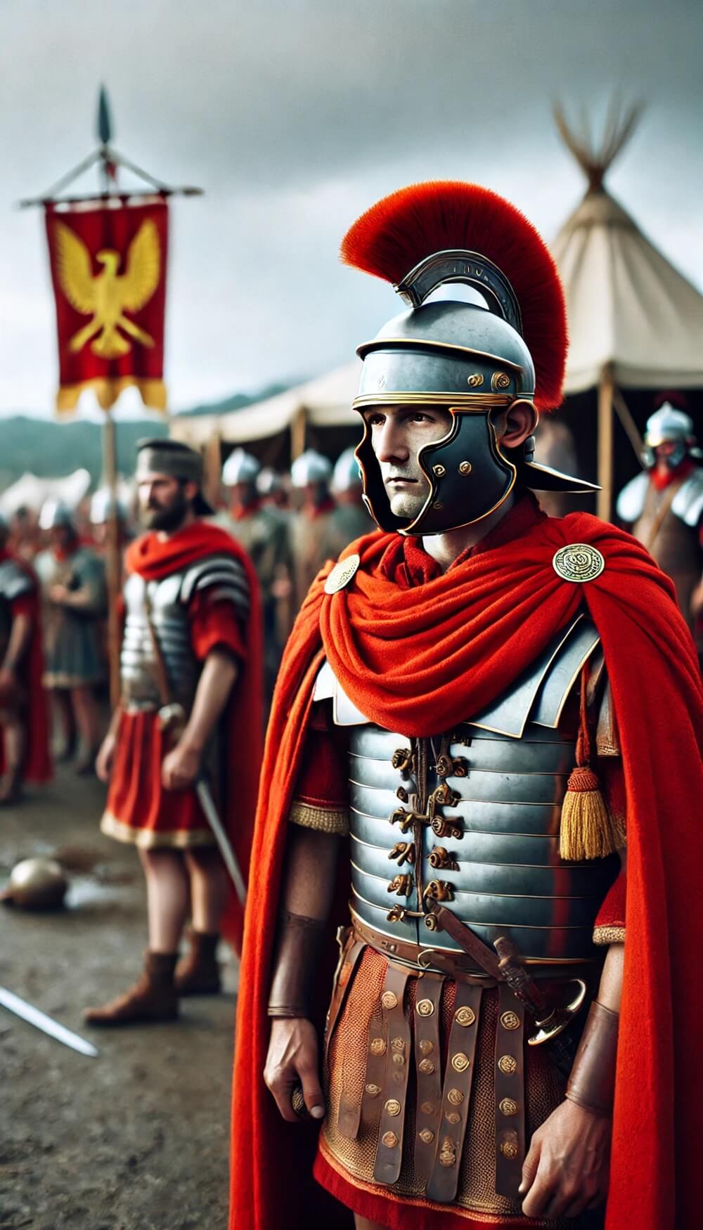 A Roman soldier wearing a bright red sagum cloak