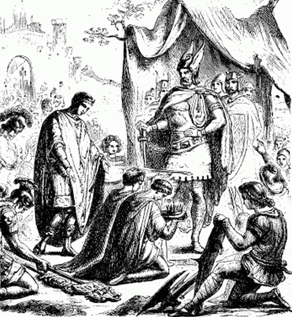 Romulus Augustulus surrendering his crown in front of Odoacer by Charlotte Mary Yonge (1880)