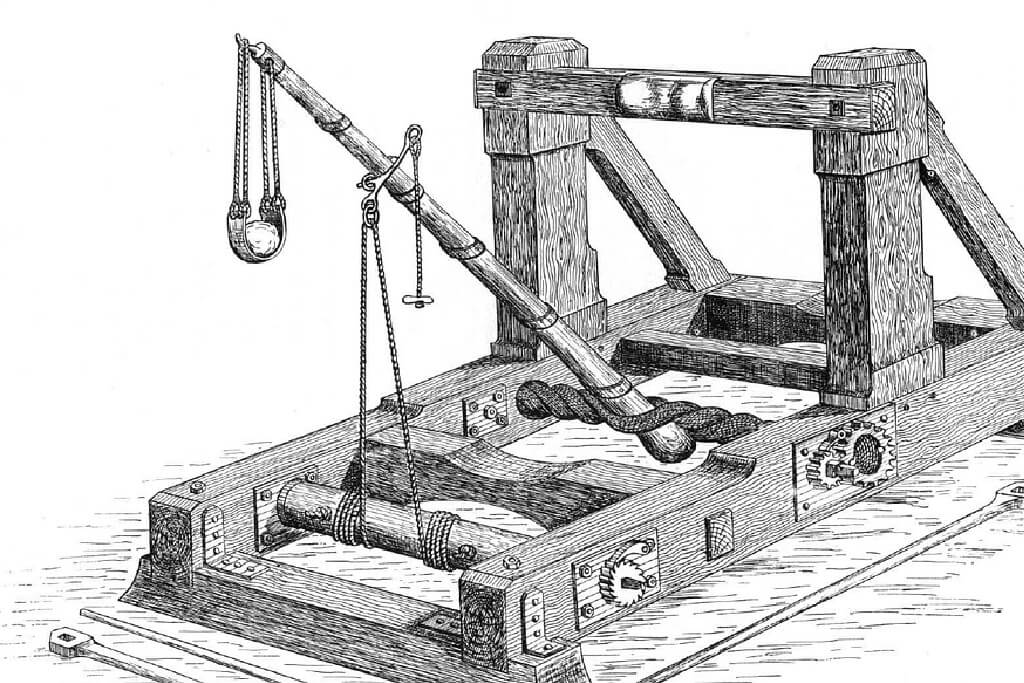 A black and white image of a Roman catapult