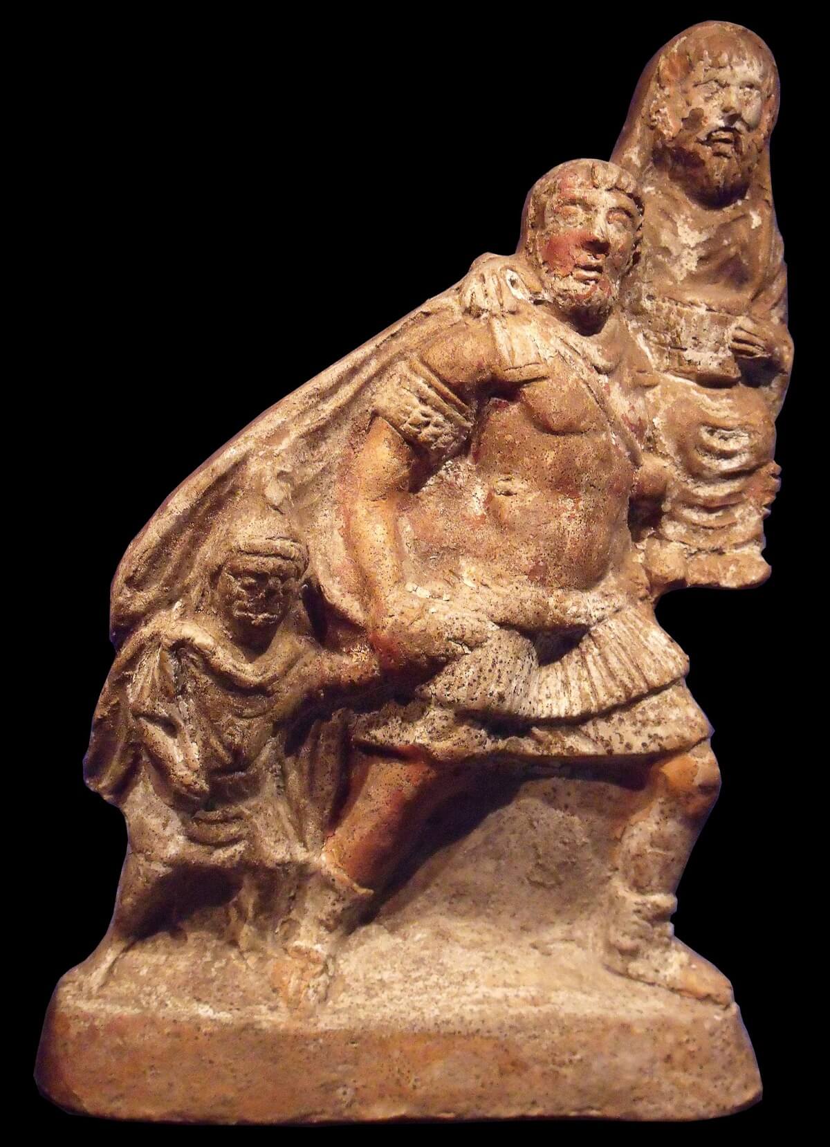 A 1st century AD terracotta figurine, portraying Aeneas escaping from Troy, carrying his father Anchises on his shoulders and giving his hand to his son, Ascanius.