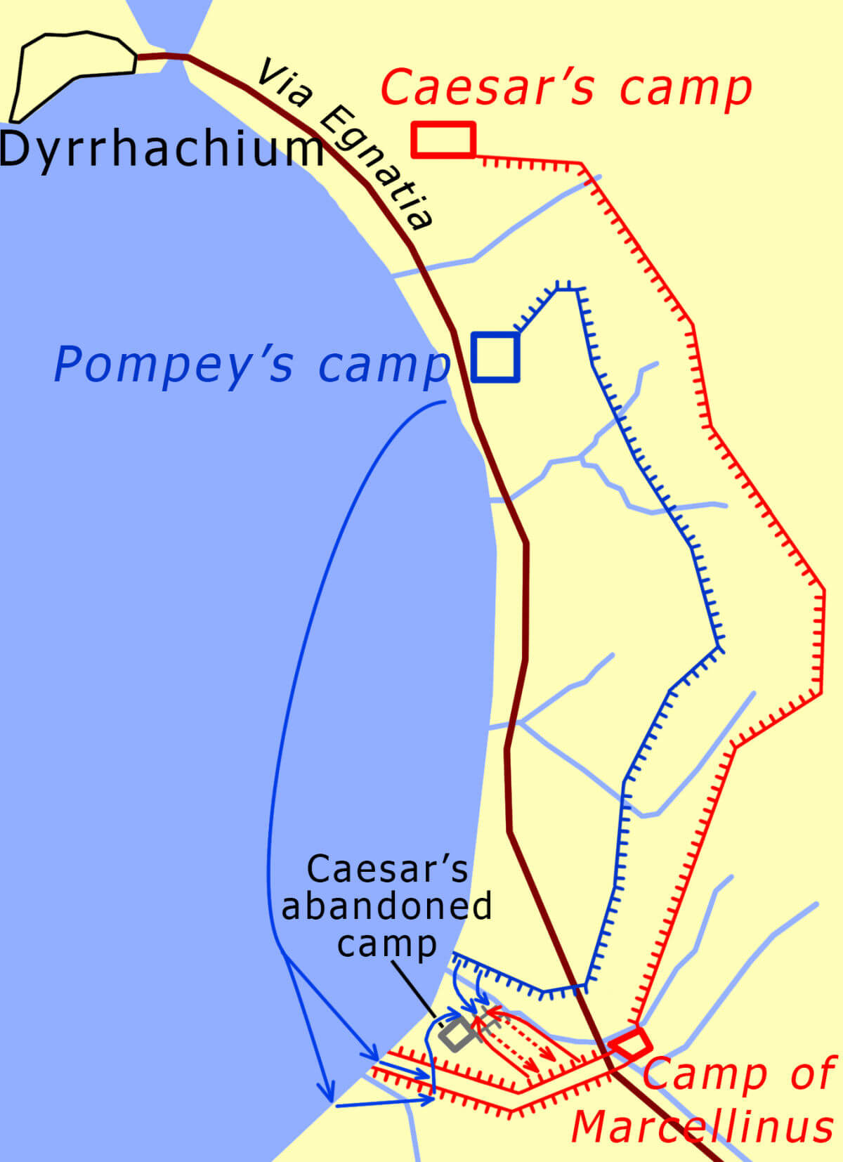 A map showing the locations of the armies of Caesar and Pompey at Dyrrhachium