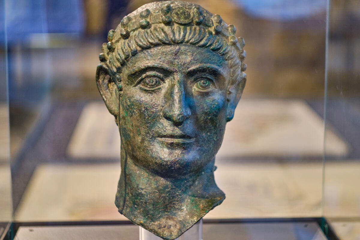 A bronze bust of the Roman emperor Constantine the Great in the National Museum of Serbia in Belgrade