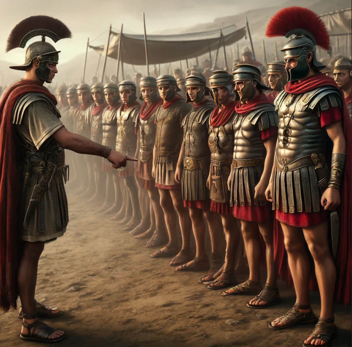 Roman legionaries lined up and being selected for decimation