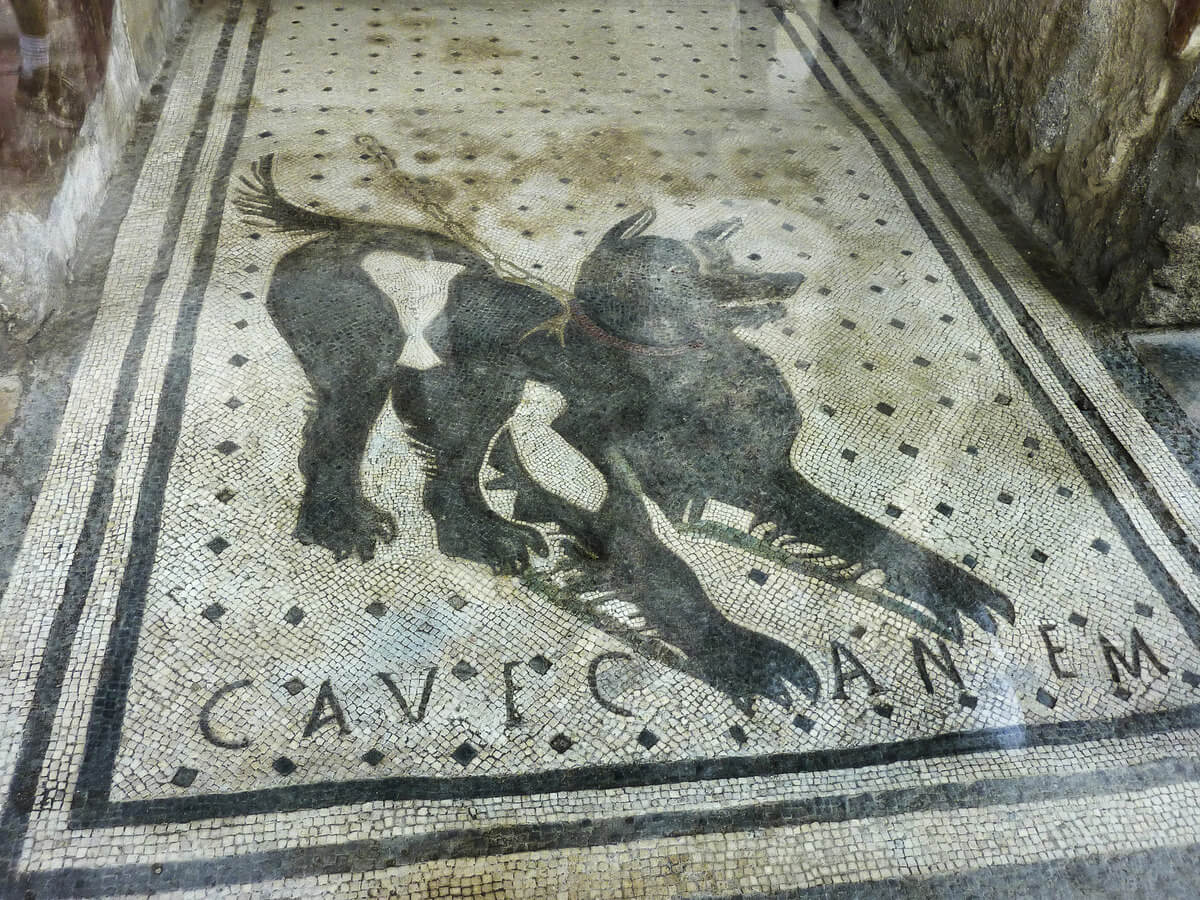 A mosic in Pompeii of a large dog and warning message