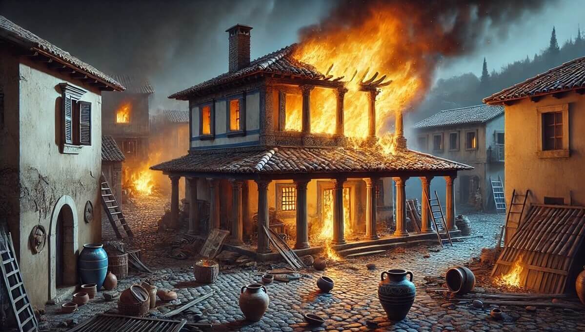 A large fire engulfing a Roman building