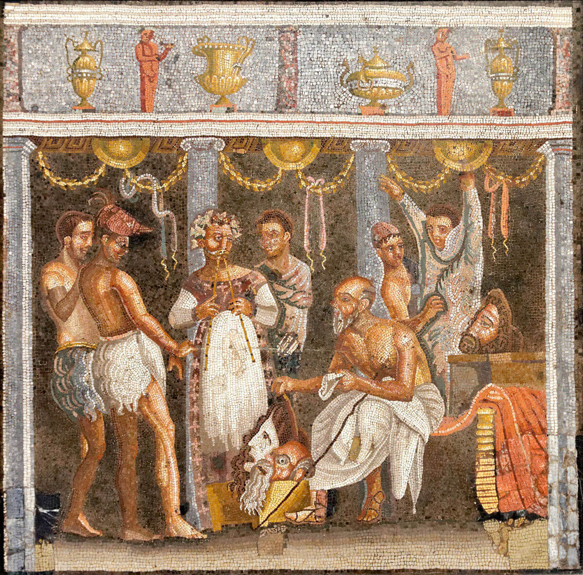 A mosaic featuring Roman actors and a musician from the House of the Tragic Poet in Pompeii