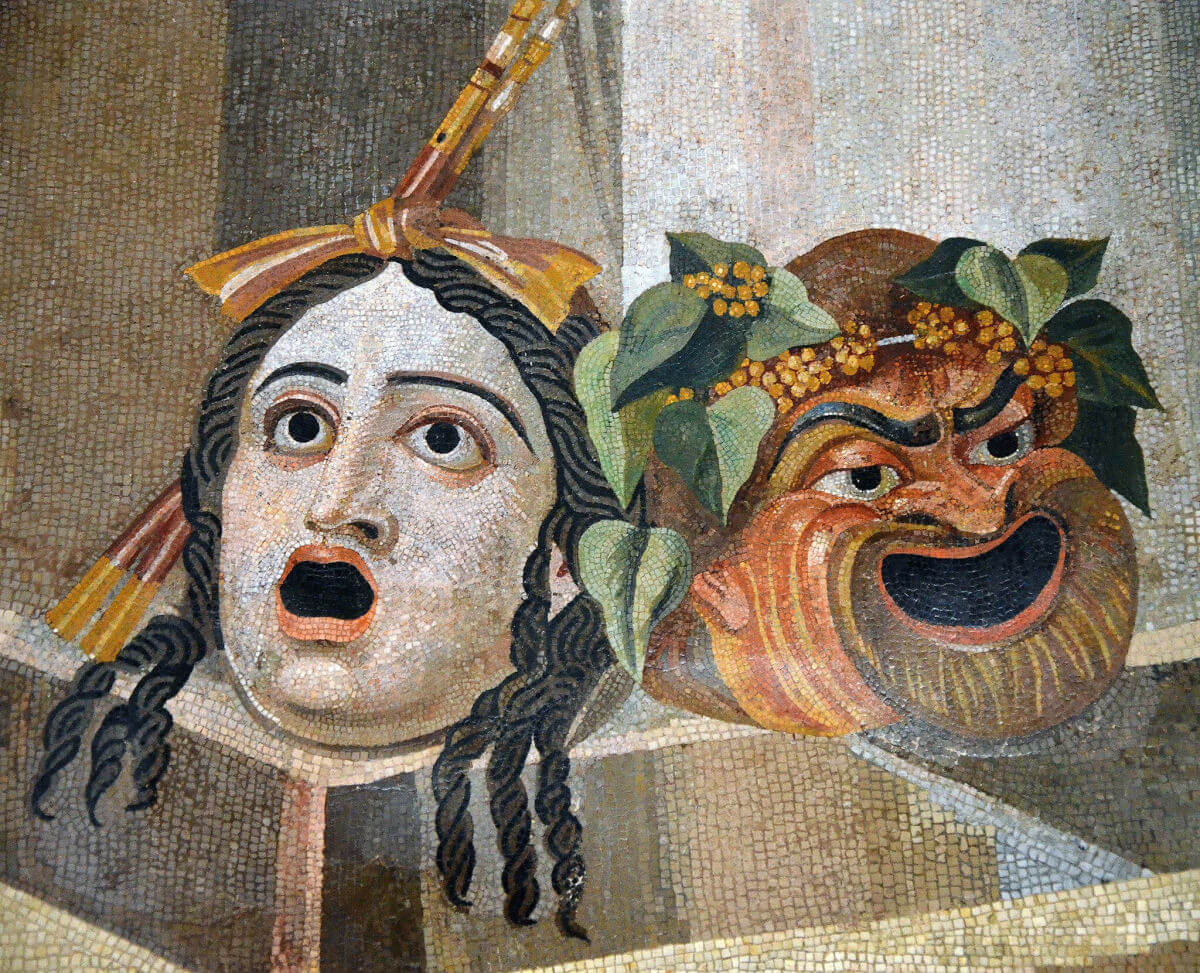 A Roman mosaic from the 2nd century AD depicting two theatrical masks of comedy and tragedy