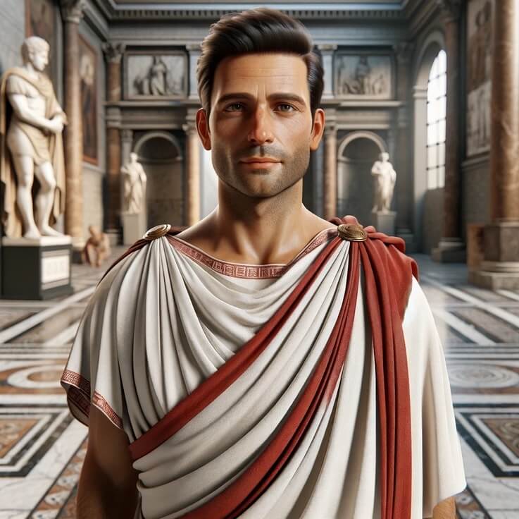 A male Roman citizen wearing a white toga